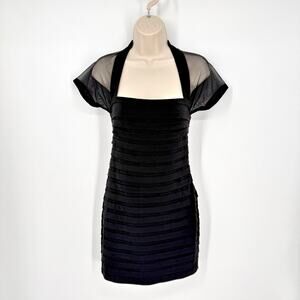 Maggy London Sheer Illusion Back Pleated Dress Sz 6 Black Sheath Tiered Lined